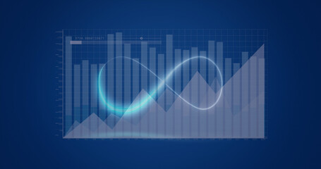 Composition of data processing over shapes on blue background