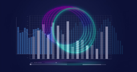 Composition of data processing over shapes on blue background