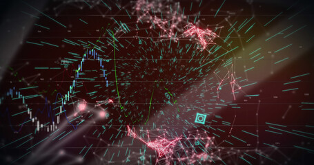 Image of flickering qr code over network of connections and neon lights