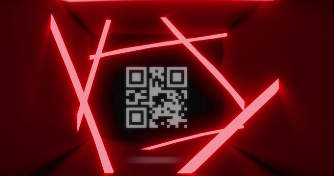 Image of flickering qr code scanner and neon red stripes against red background