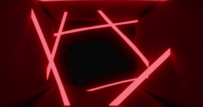 Image of flickering qr code scanner and neon red stripes against red background