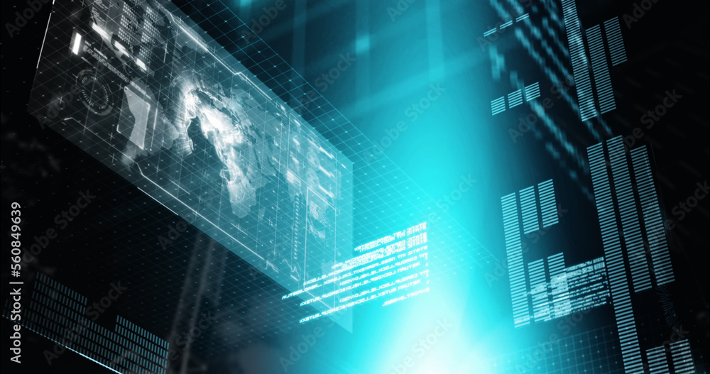 Wall mural image of data processing over globe on screen in background