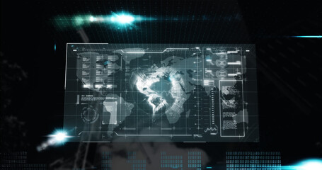 Image of data processing over globe on screen in background