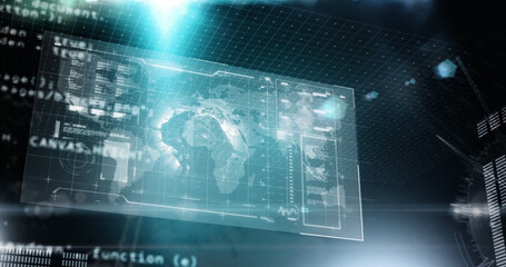 Image of data processing over globe on screen in background