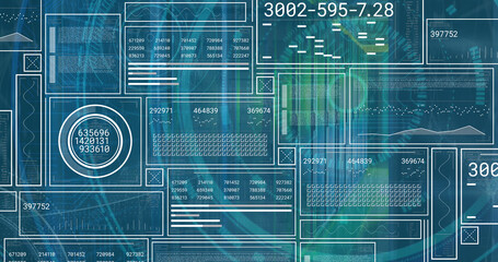 Composition of binary coding medical icons and data processing on screen on black background
