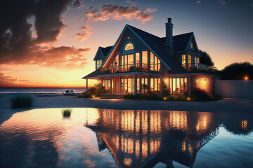 Fototapeta premium ai midjourney illustration of a modern bright house by the ocean during sunset