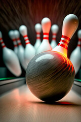 Bowling Kugel trifft auf die Kegel und macht einen Strike