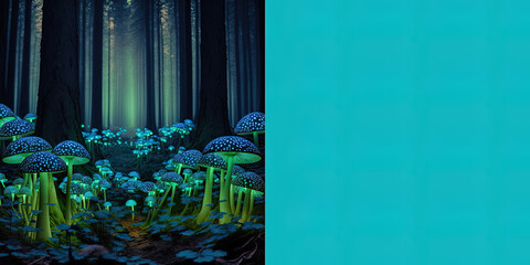 Luminescent mushrooms in a lush fantasy forest. Glowing mysterious mushrooms. Copy text, space for your text. Illustration, generated art