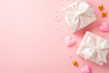 Valentine's Day concept. Top view photo of gift boxes with silk ribbon bows decorative clips heart shaped candles and golden sequins on isolated pastel pink background with copyspace