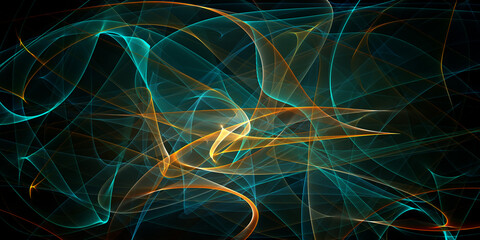 Blue orange 3d fibers in dynamic motion creating texture with loops, swirl and twirls. Fantastic digital essence or substance great as background, packaging cover, electronic devices design.