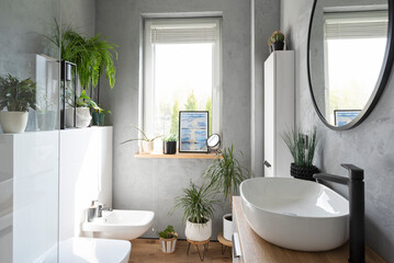 Stylish interior of bathroom with window and plants. Ceramic washbasin, round mirror on the wall, toilet and bidet. Spa at home.