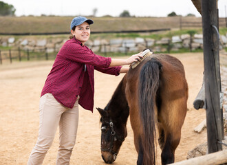 Woman taking care of horses in farm