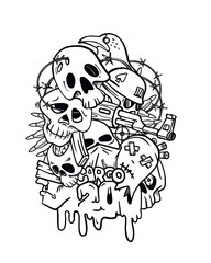 Doodle image against war. Skulls and weapons. White background - 560851688