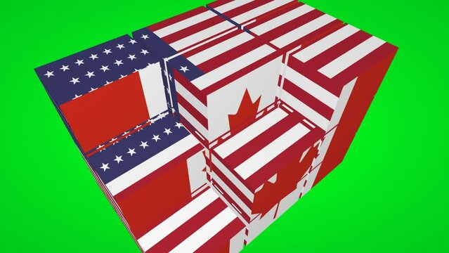 Usa and Canada flags on 3d cube on green screen