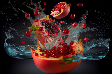 Pomegranate splashing with water	