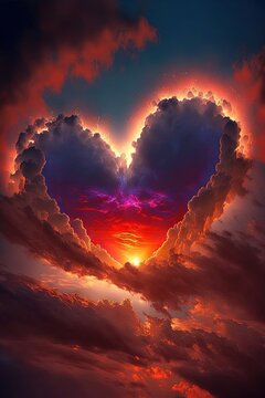 Heart Skies at Sunset, Machine Learning Generated AI Image of a Heart Formed by Thought of Love in Colorful Skies