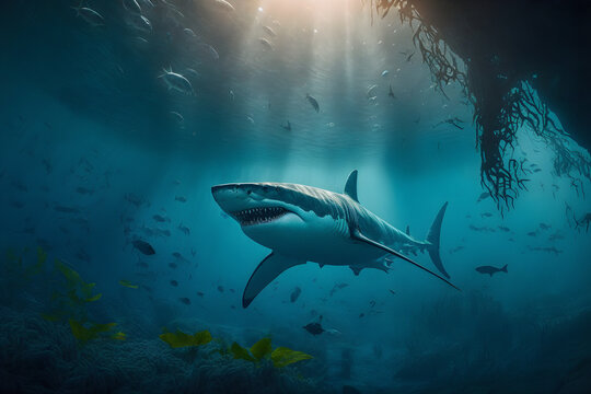Great white shark posing in deep blue water.