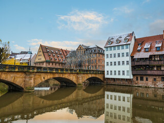 Traditional German houses and Henker bridge over Pengnitz river, Germany