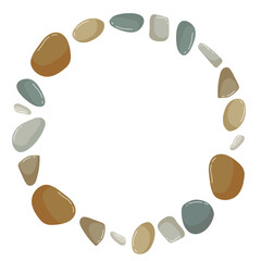 Beach pebbles frame. Round frame with Various shapes different colors with copy space. Vector Modern illustration isolated on white background. Beach, Spa, garden stones. Sea rocks. Nature organic.