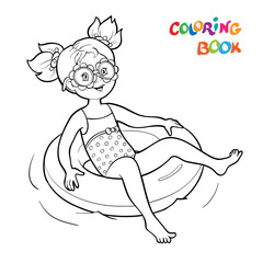 Coloring page. Happy girl swim on rubber rings in the water