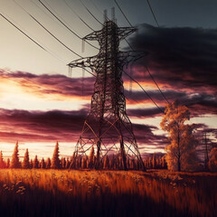 High voltage electricity tower at sunset. Generative AI.