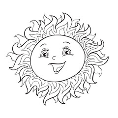 Happy Sun Contour Ink Drawing Vector - Illustration for kids - Coloring book