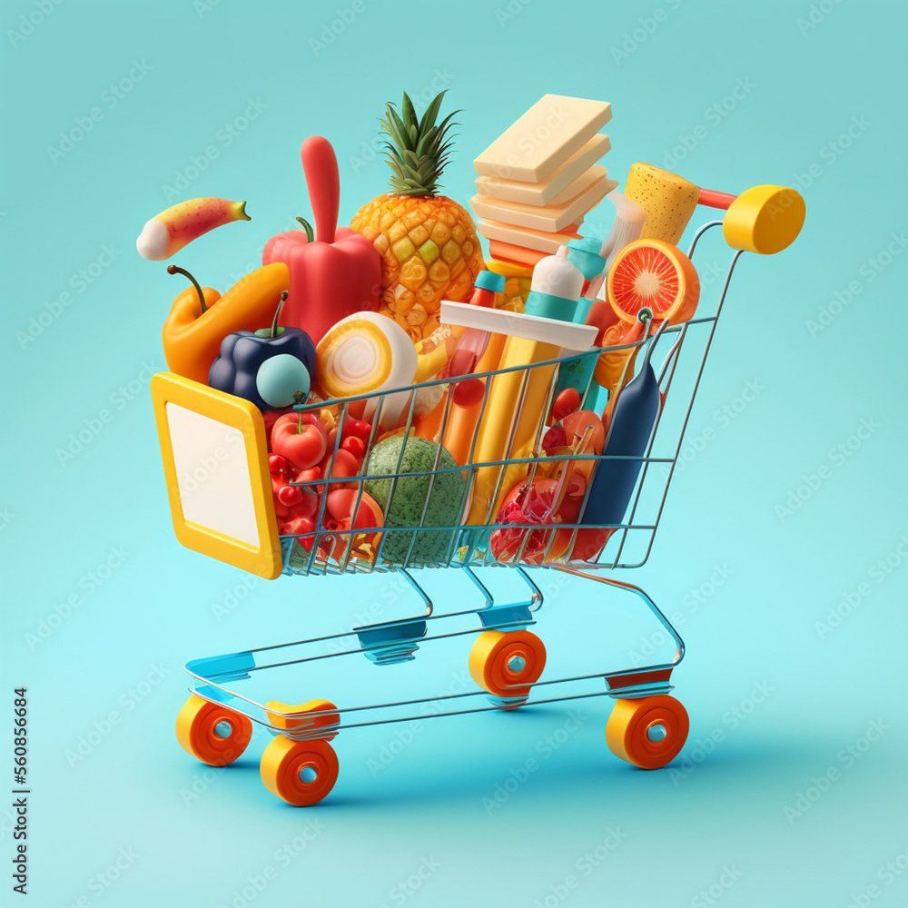 Wall mural Shopping cart with food. Generative AI.