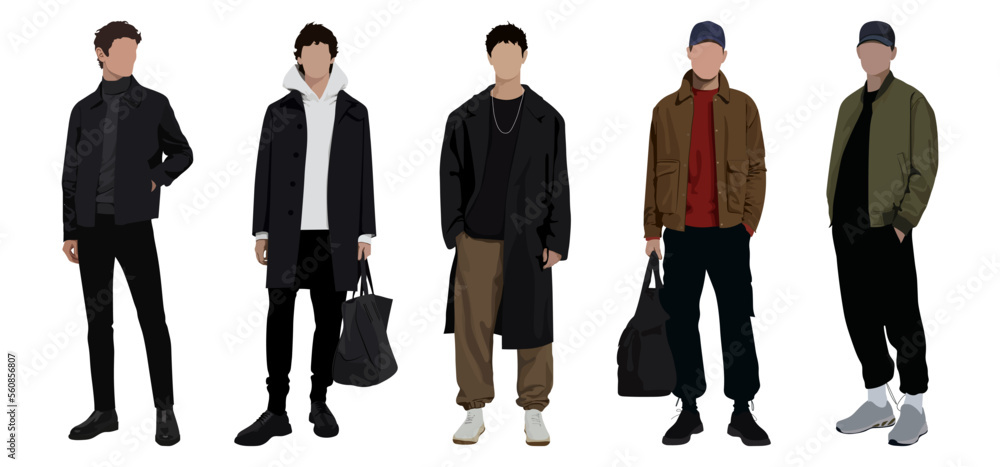 Wall mural group fashion men in modern trendy outfits. young people wearing stylish casual summer clothes. colo - Wall murals