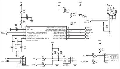 Schematic diagram of electronic device.
Vector drawing electrical circuit with diode, sensors, memory, mcu,
connector and other electronic components.