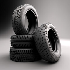 Tires on gray background. Generative AI.