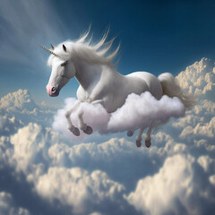 Obraz na płótnie Canvas Unicorn flying through the sky above the clouds. Generative AI.