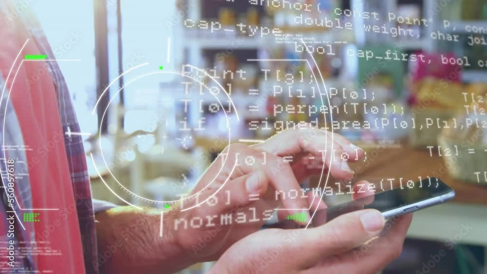 Poster animation of data processing and scope scanning over caucasian man using smartphone
