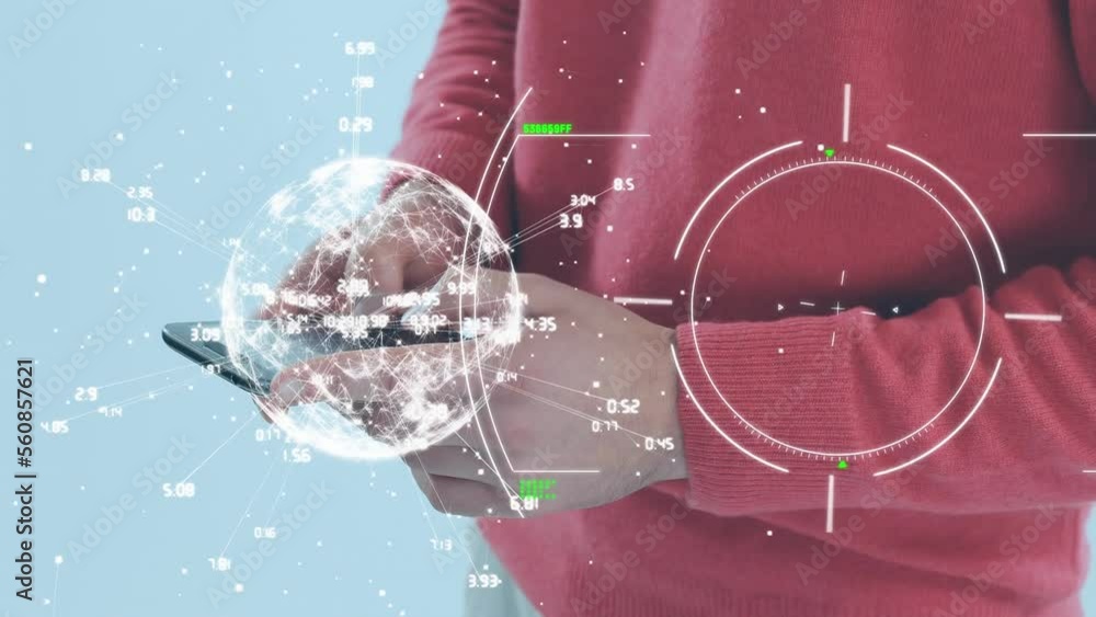 Poster animation of interference with globe and scope scanning over caucasian man using smartphone
