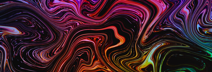 Iridescent chrome wavy gradient abstract background. Liquid metallic rainbow colored textured surface. Ultraviolet holographic horizontal panoramic backdrop. Trendy neon colors