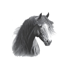 Portrait of a horse. Graphic, black white realistic drawing of a horse's head on a white background in a realistic style.