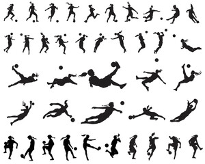 Naklejka premium A set of 40 female soccer football player silhouettes cutout outlines, vector icon sets in various poses