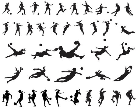 A set of 40 female soccer football player silhouettes cutout outlines, vector icon sets in various poses