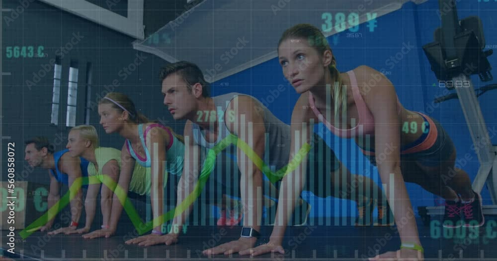 Poster animation of graphs and changing numbers with currency symbols over caucasian friends doing exercise