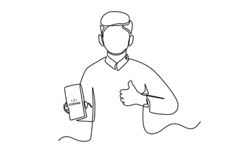 Continuous one line drawing happy programmer hold code programming for smartphone. Programming code concept. Single line draw design vector graphic illustration.