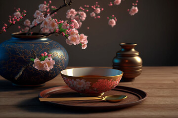 Vietnamese table with pot surrounded by cherry blossoms