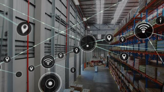Animation of network of connections with icons over warehouse