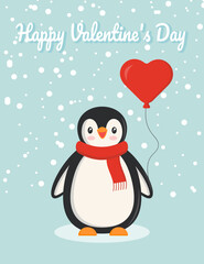 Valentine's Day greeting card with a penguin in a scarf and a heart on a blue background with snow