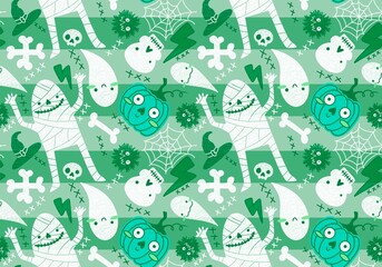 Naklejka premium Halloween mummy and pumpkins seamless ghost and bones and skulls and monsters pattern for wrapping paper