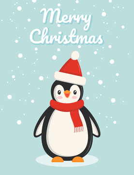 Christmas postcard with a penguin in a scarf and a hat on a blue background with snow