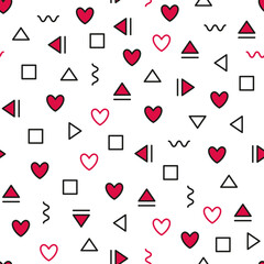 Doodle memphis seamless geometric pattern with hearts. Stylish minimalistic pattern of lines, geometric shapes and hearts for Valentine s Day. Seamless vector background for packaging, fabric and