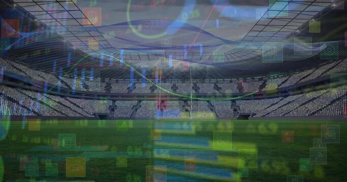Animation of financial data processing over stadium