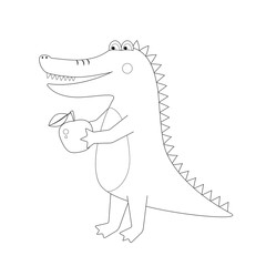 Coloring page. Black and white illustration. The alligator is holding an apple.