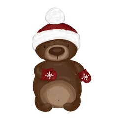 A cute bear in a red hat with a bubo and red mittens clipart.