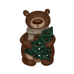 Cute bear in a beige scarf with a Christmas tree clipart.