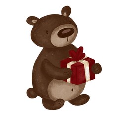 Cute christmas bear with red gift box clipart.